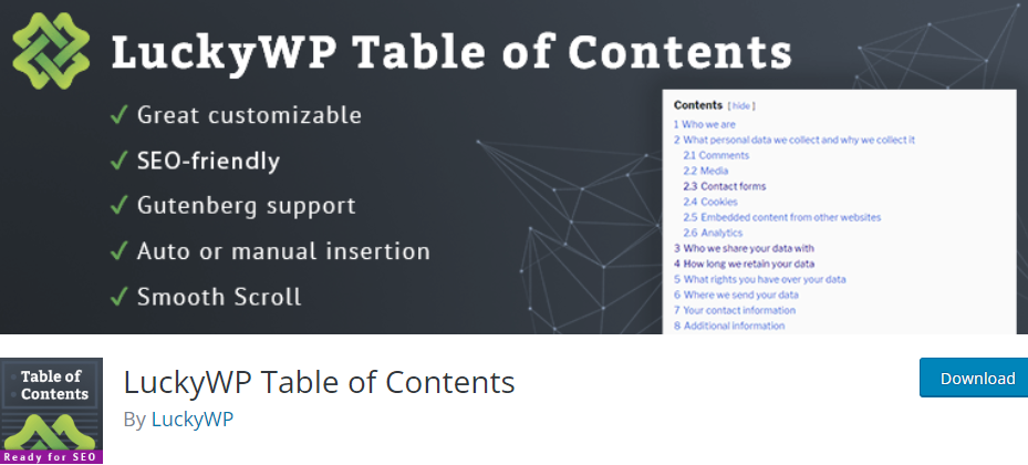 LuckyWP Table of Contents