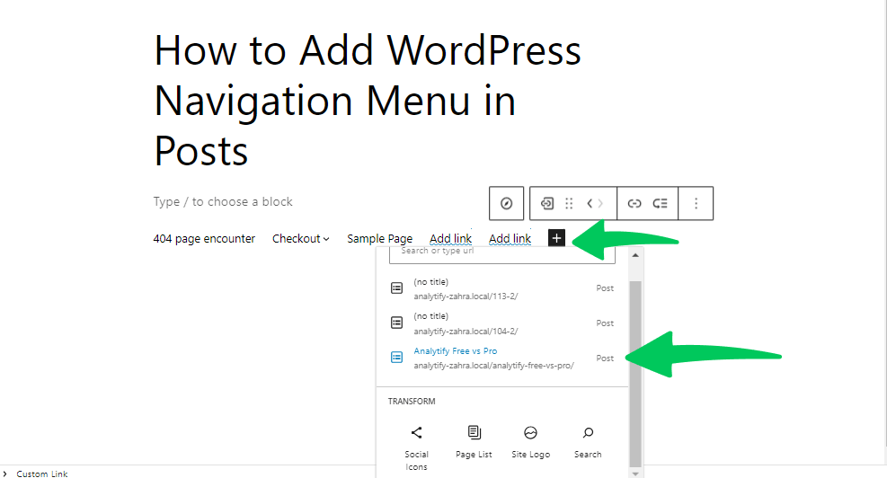add links to navigation in WordPress