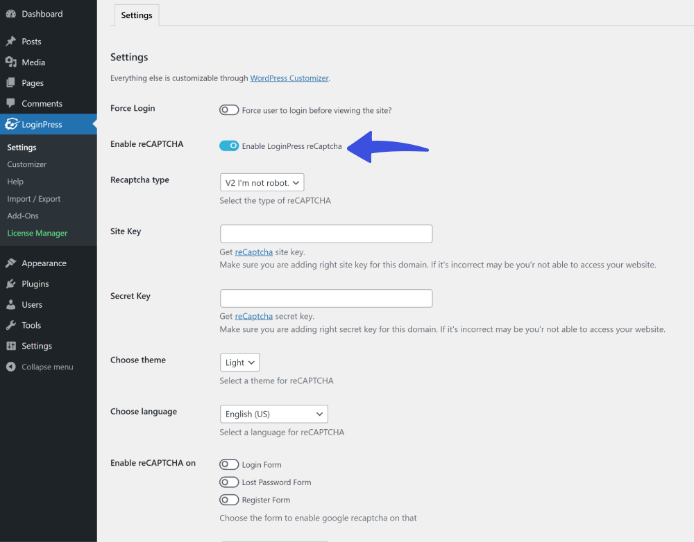 Enable LoginPress reCAPTCHA