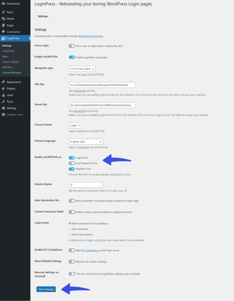 Enable recaptcha on login and registration