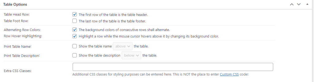 table option settings